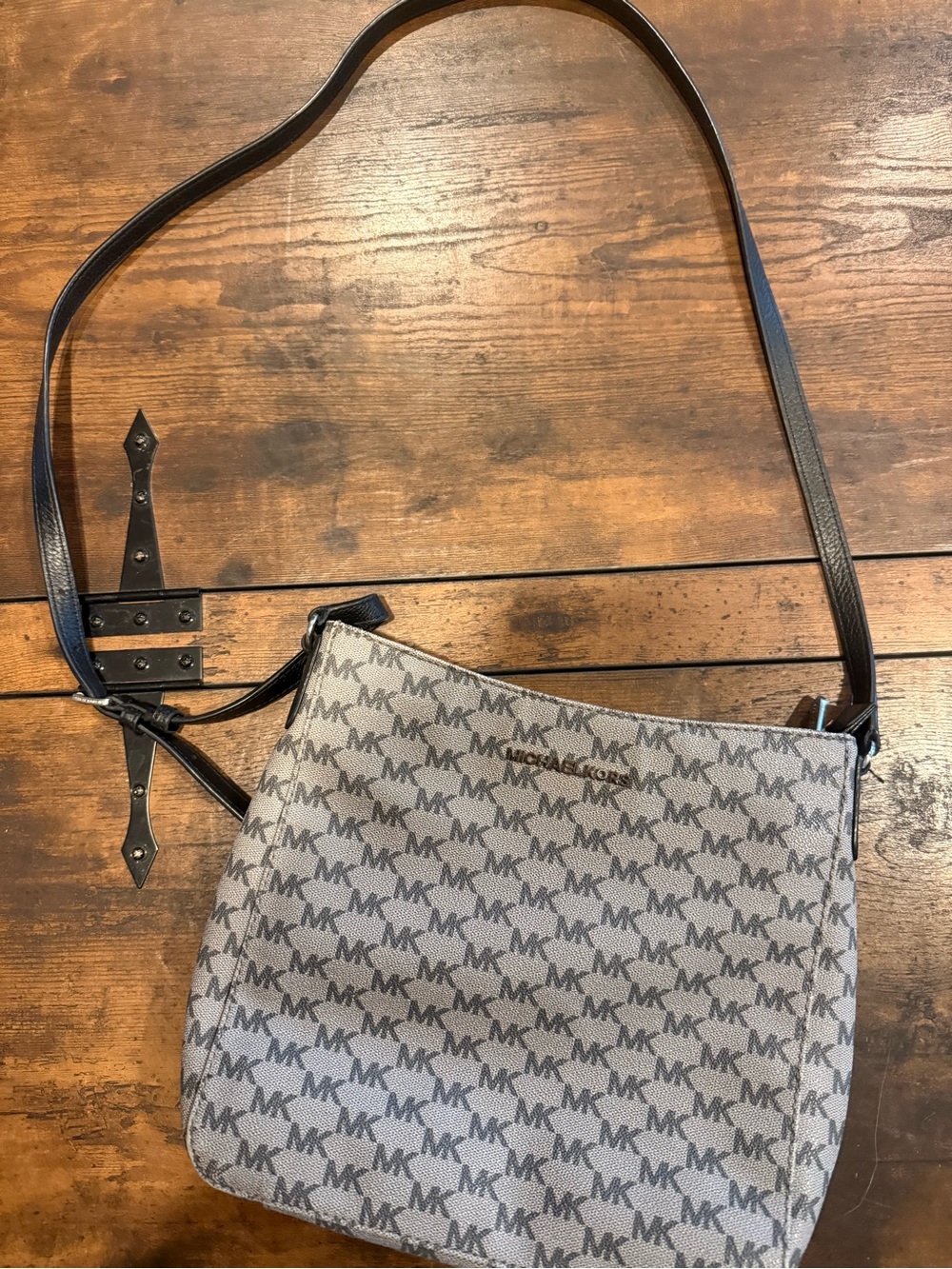 Michael Kors Gray Monogram Crossbody with Brown Strap